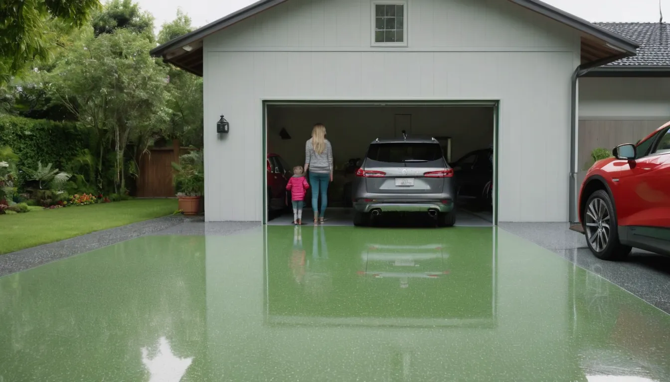 A clean epoxy-coated garage floor in a Tacoma home with a family car parked inside